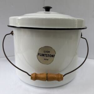 Lisk Flintstone 21514F White Enamel Chamber Pot Wood Handle Vintage Sears MCM